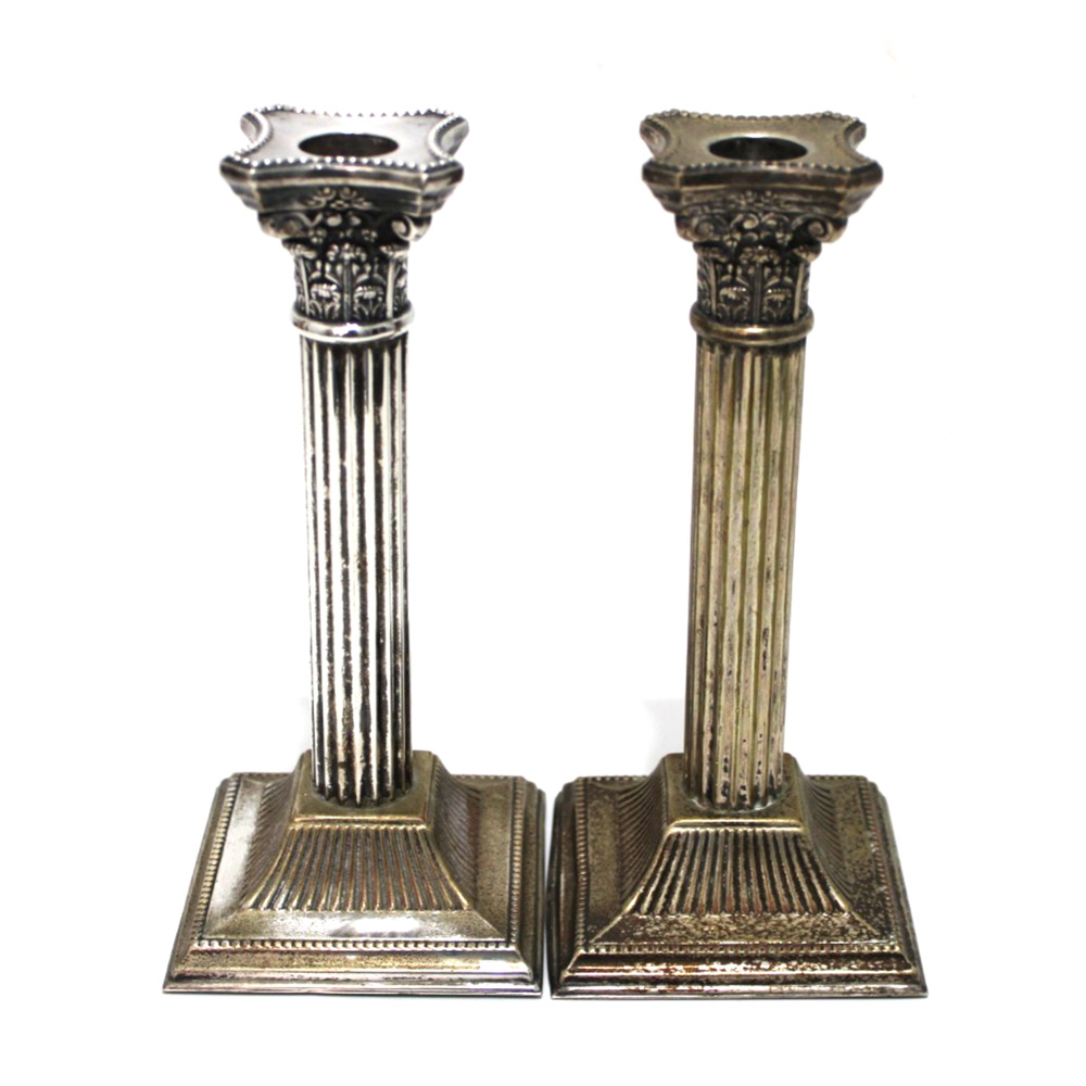 Antique English Silver Plate Pair Column Candle Stick Corinthian Neoclassical 8"